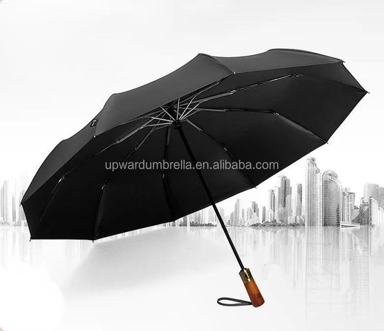 Automatic Custom Wooden Handle Umbrella with Minimalist Design Business Gift Option Nylon Material Folding
