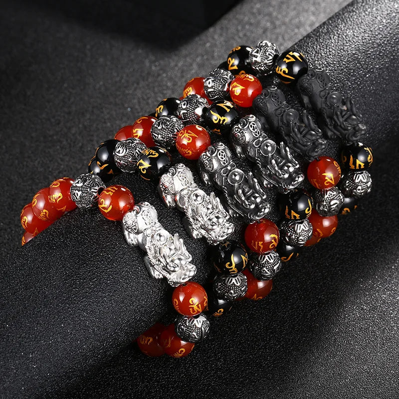 Men's Women's Retro Personality Agate Pearl Titanium Steel Pixiu Bracelet Lettering Good Luck Chinese Meaning Feng Christians