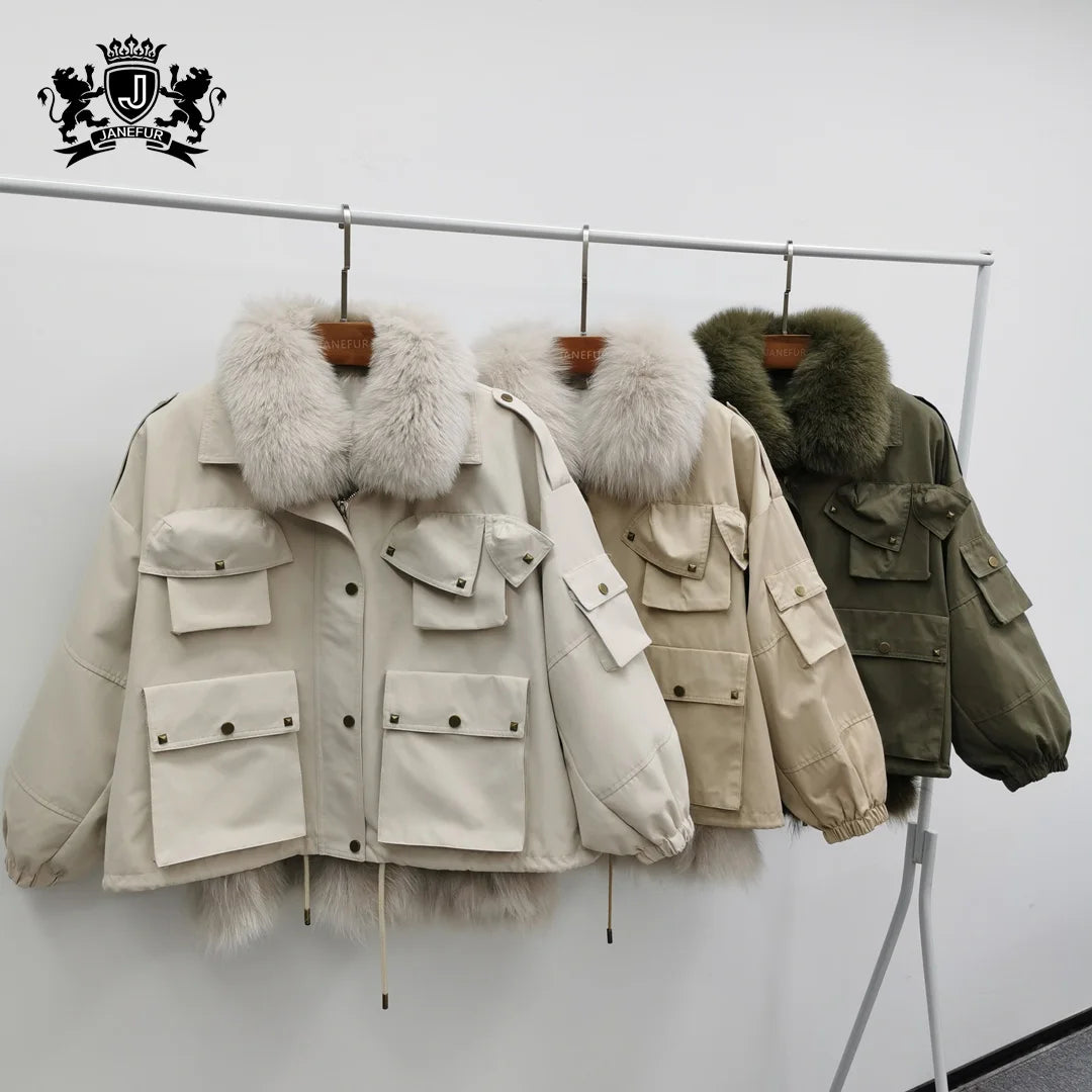 Fashion Women Winter Thick Reversible Jacket Natural Fox Fur Collar Loose Parka Streetwear Detachable Real Fur Lined Coat MegaBDM
