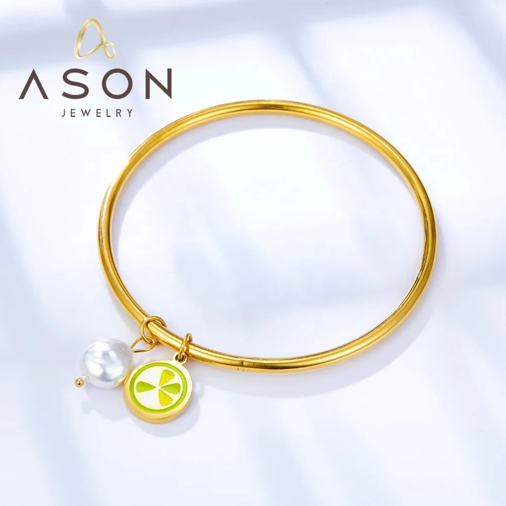 Ason Jewelry 2023 Fashion Latest Bracelet Mixed Color Lemon Slice with Shaped White Pearl Stainless Steel Jewelry Bracelet