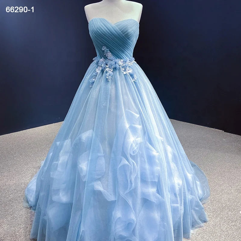 Jancember RSM66290-1 Elegant  Flower Blue Sweetheart Lace Ruffle Evening Gowns Dress