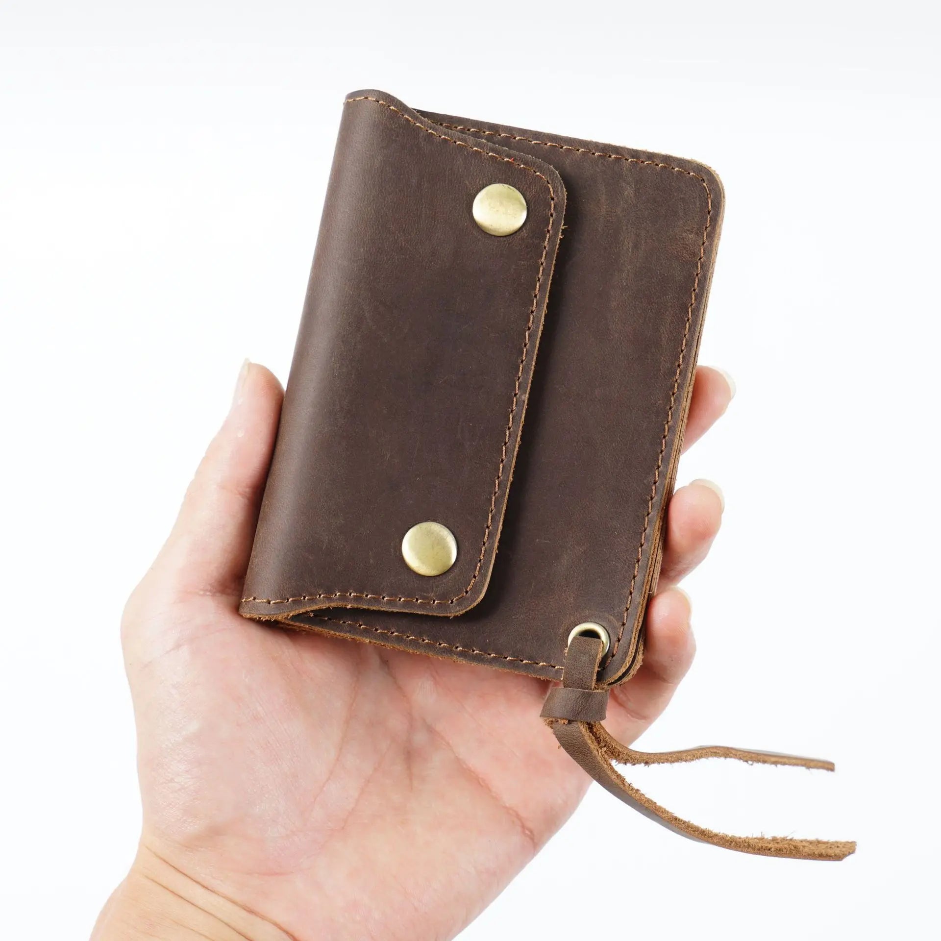 Small Durable Crazy Horse Cow Leather Wallet Button Men's Business Card Holder for Travel Shopping Textured Genuine Leather
