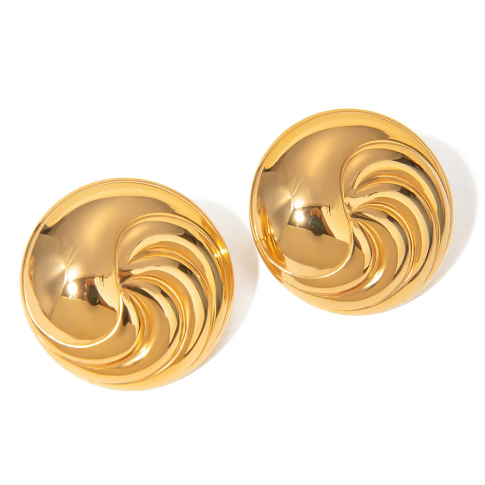 Simple Stainless Steel Gold Plated Round Stripe Spiral Stud Earrings Smooth Convex Thread Statement Earrings Women Jewelry