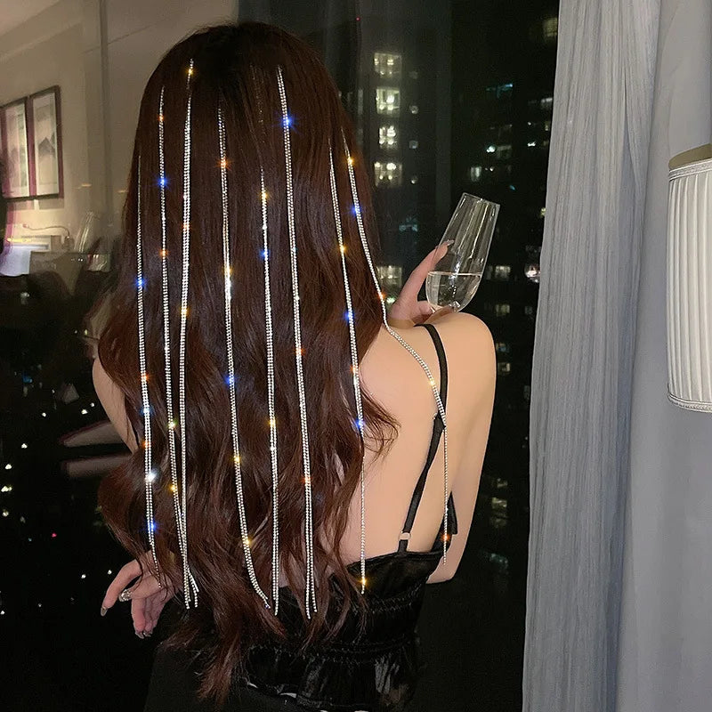 Women New Flash Diamond Chain Hairpin Popular Hair Accessories Crystal Rhinestone Alloy Tassel Hair Chains Braided Hair Band