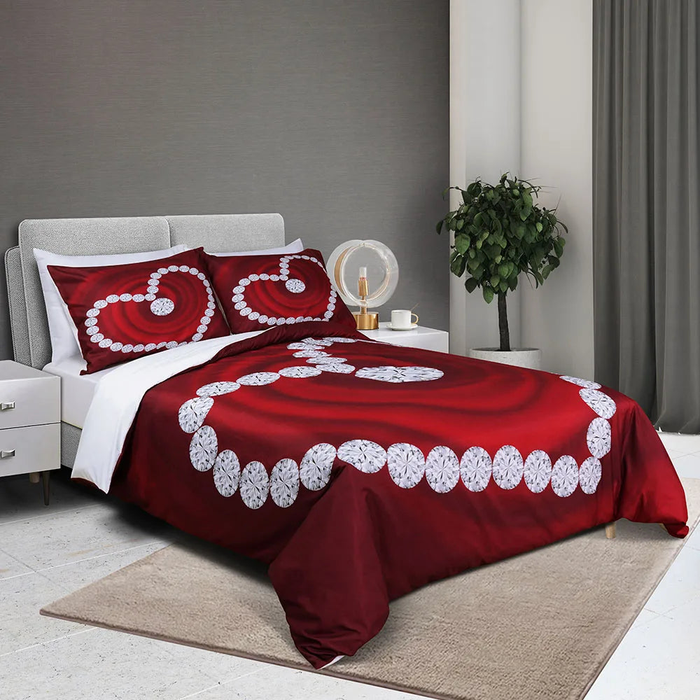 Fashionable 3D Digital Printing Bed Sheet Set Brushed Microfiber Duvet Cover Shiny Diamond Heart Pattern Bedding Set