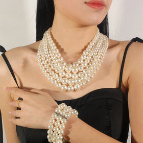 Europe and the United States Cross-border Exaggerated Imitation Pearl Beaded Three-piece Set Multi-layer Pearl Necklace