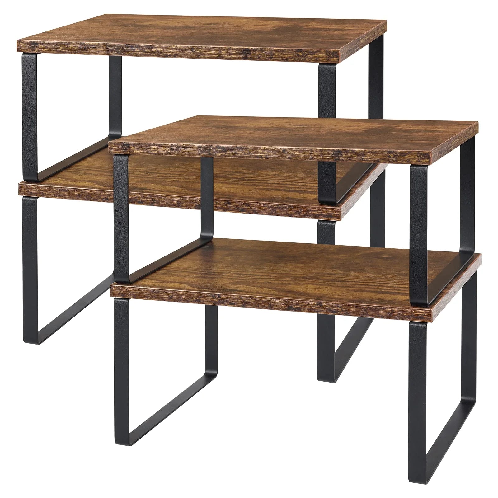 Brown Double Tier Wood Counter Organizer Set of 4 Spice Storage Shelves Expandable Kitchen Countertop Racks