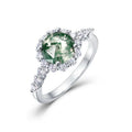 S925 Sterling Silver Round Green Moss Agate Halo Ring Twisted Shank CZ Accent Vintage Nature Inspired Engagement Promise Ring