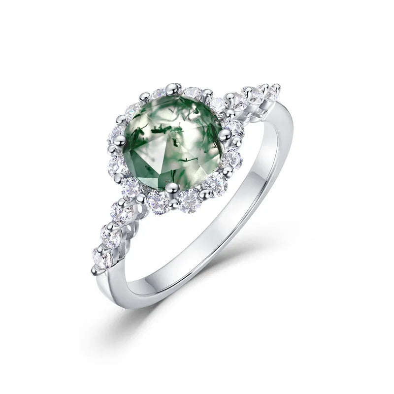 S925 Sterling Silver Round Green Moss Agate Halo Ring Twisted Shank CZ Accent Vintage Nature Inspired Engagement Promise Ring