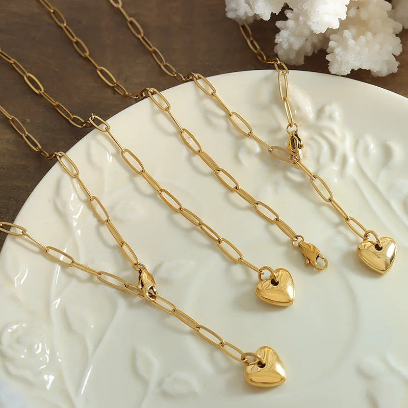 French Newest 316l Stainless Steel Love Shaped Pendant Necklace 18k Gold Plated Link Chains Heart Lariat Necklace