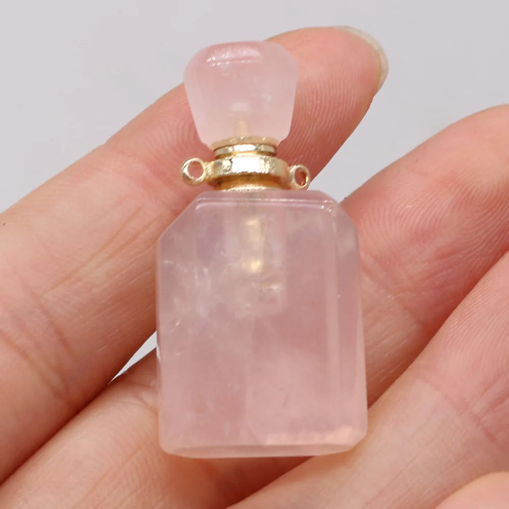 Hongzhuo Gemstone Perfume Bottle Necklace Rose Quartz Natural Crystal Necklace Women Essential Oil Diffuser Pendant