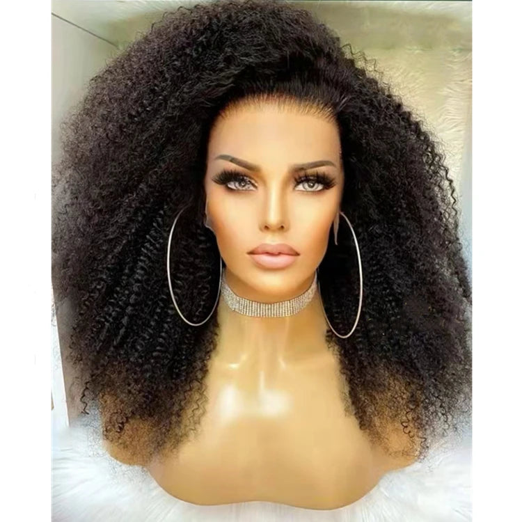 Free Part High Density Natural Black Color Kinky Curly Wig Afro Style Remy Human Hair Transparent HD Lace Front Wigs