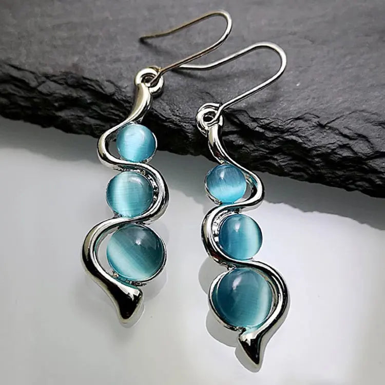 SC 2023 Hot Selling Cat Eye Gem Wavy Earrings Creative Fashion Curve Line Blue Opal Moonstone Drop Earrings for Women