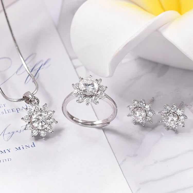 Fashion 925 Sterling Silver Ring Necklace Earrings Women 18K White Gold Plated VVS Moissanite Jewelry Set