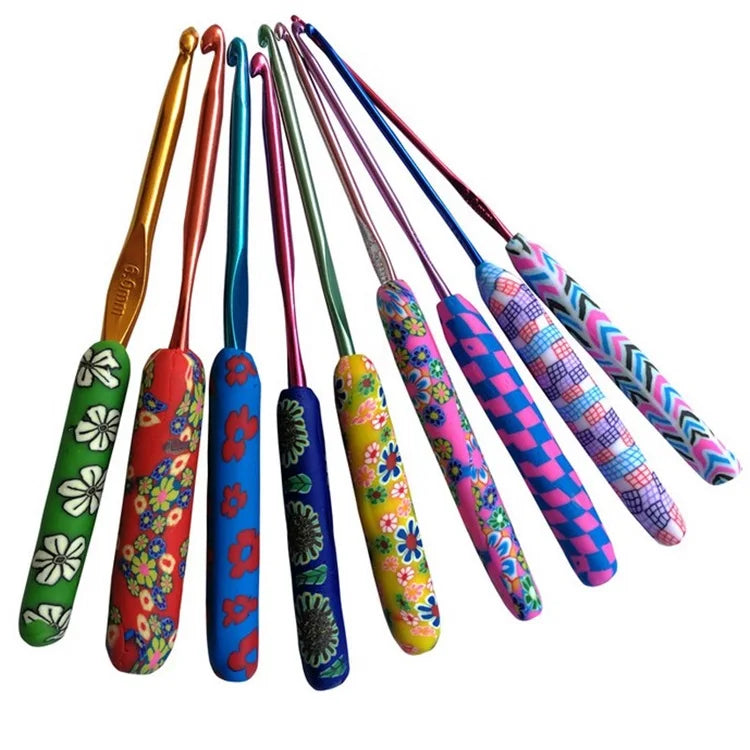 New Colorful Soft Polymer Clay Handle Crochet Needles Aluminum Crochet Hooks Set
