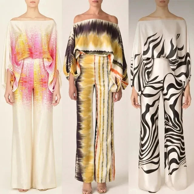 Fashion Fall Women Clothing Boutique Printed Off Shoulder Long Sleeve Shirt and Wide Leg Pant 2 Piece Set