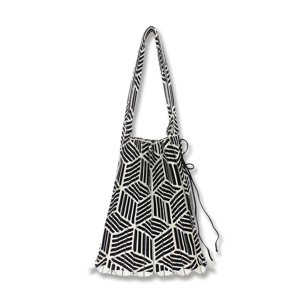Fashion Casual Lady Tote Bags Two Open Large Capacity Knitted Polyester Shopping Bag Pleated Foldable Design Geometric Vintage