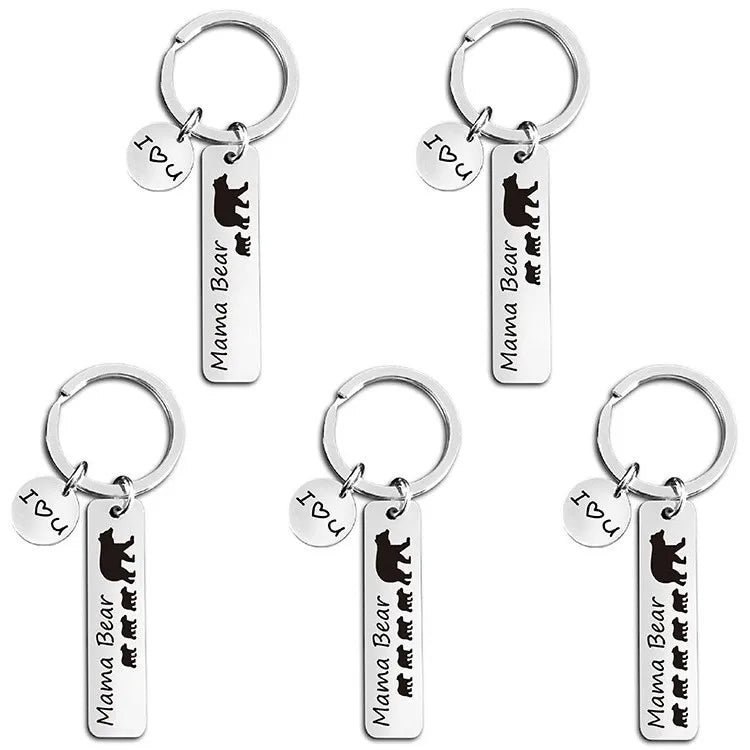 Stainless Steel Custom Logo Key Chain Engraved Personalized Key Rings Mother's Day Gift Mama Baby Bear Design Keychain