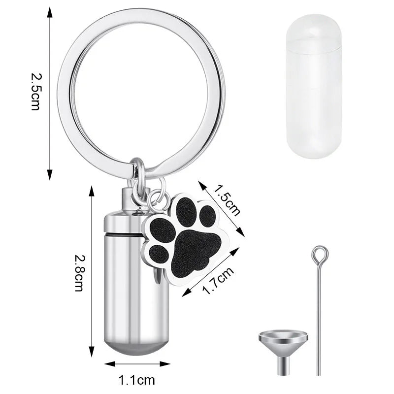 Custom Waterproof Stainless Steel Pet Urn Key Chains Paw Charm Cremation Jewelry for Ashes Keepsake Memorial Vial Urn Key Chains