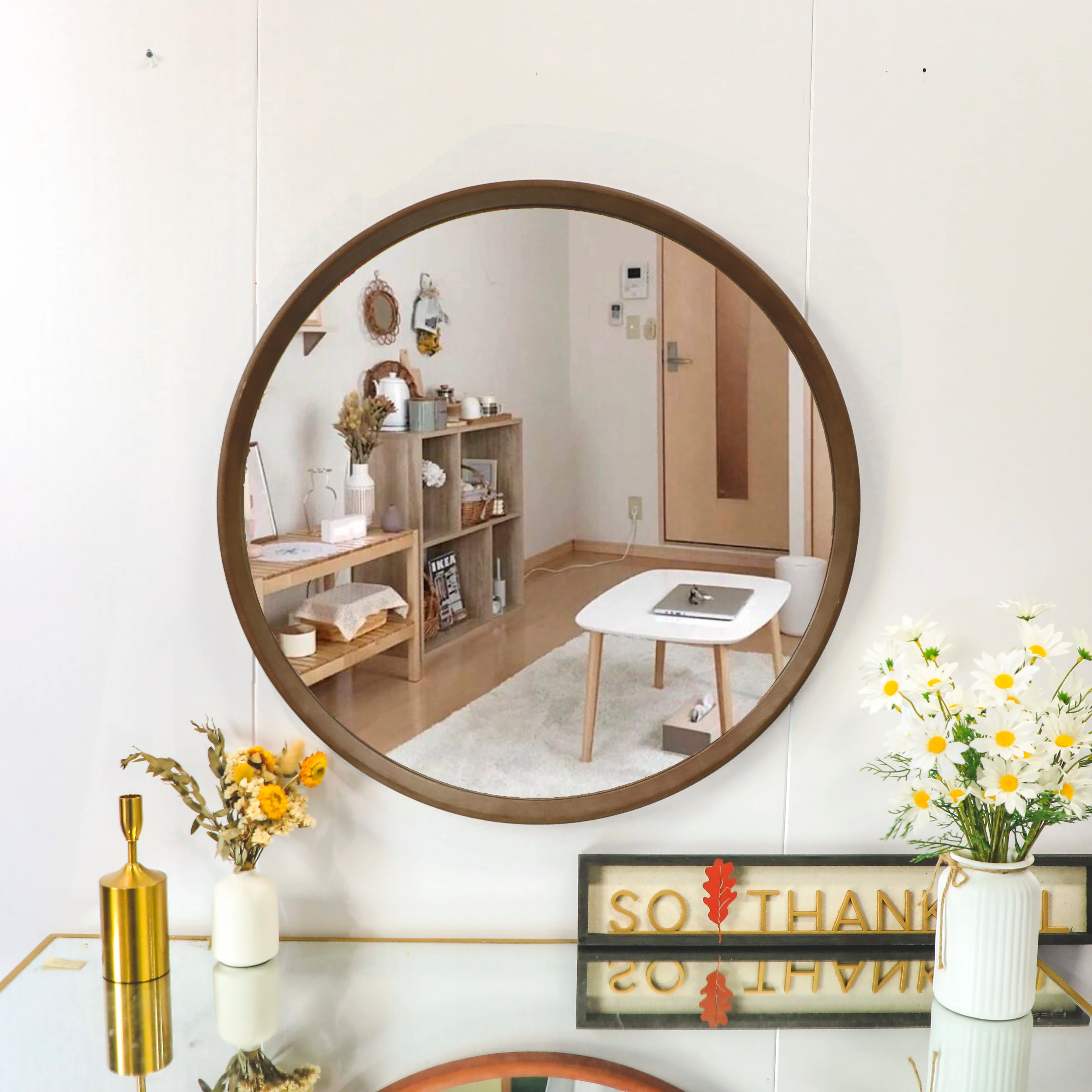 70cm High-End Premium Home Decor Wall Hanging Large Solid Sustainable Natural Rubber Wood Mirror Living Room Dropshipping DDP