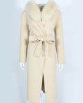 OFTBUY 2023 Elegant Slim X-long Women Cashmere Wool Blends Coat Natural Fox Fur Collar Hooded Soft Belted Women Wool Overcoat