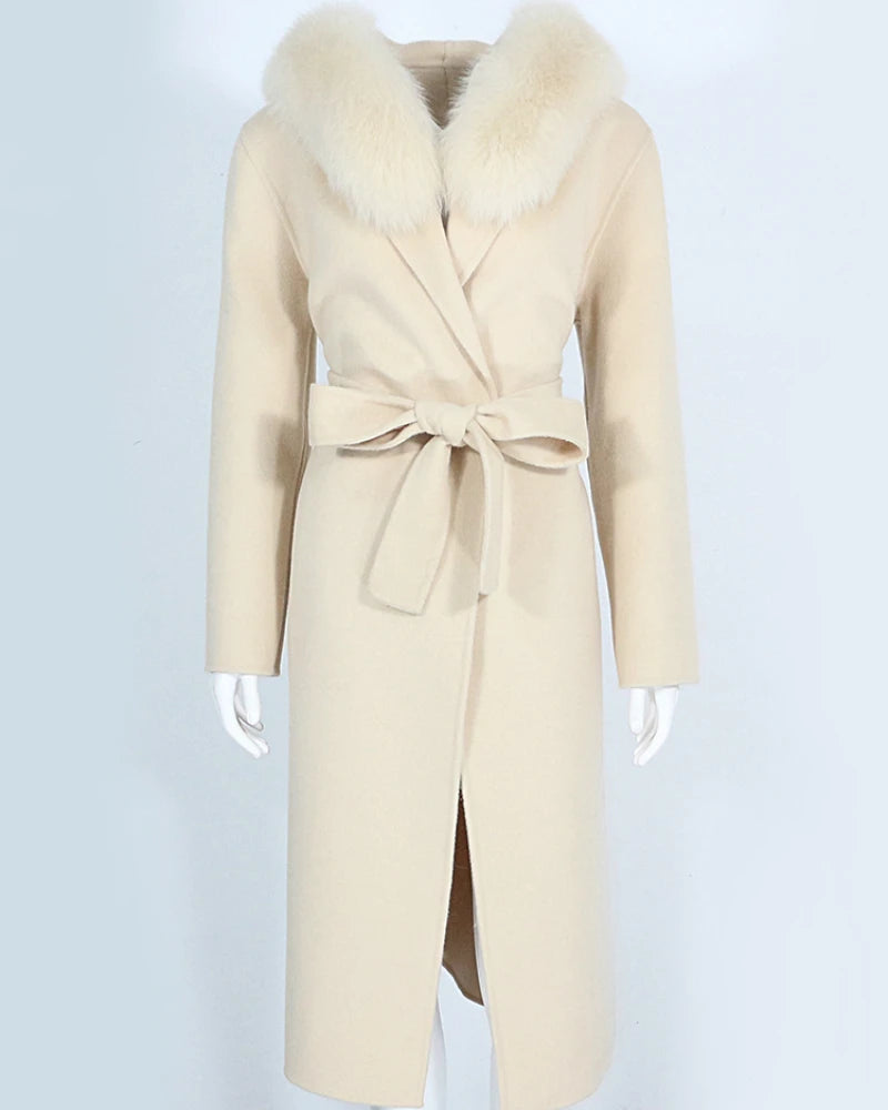 OFTBUY 2023 Elegant Slim X-long Women Cashmere Wool Blends Coat Natural Fox Fur Collar Hooded Soft Belted Women Wool Overcoat