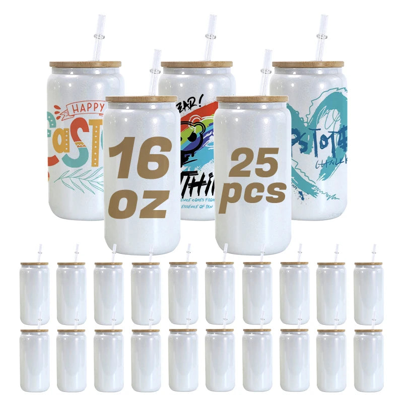 RTS US Warehouse in Stock 16oz Sublimation Shimmer White Glitter Glass Can with Bamboo Lid Sublimation Bottle Blanks 25PCS/CTN