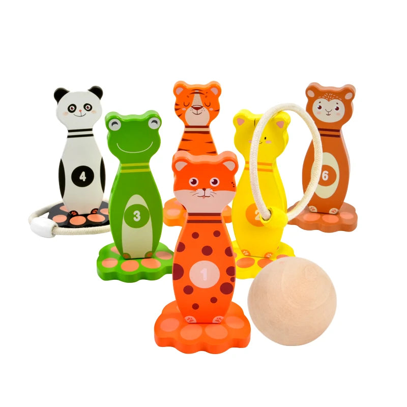 High Security Interactive Parent-Child Puzzle Wooden Animal Bowling Hoop Grip Training Toys for Playing