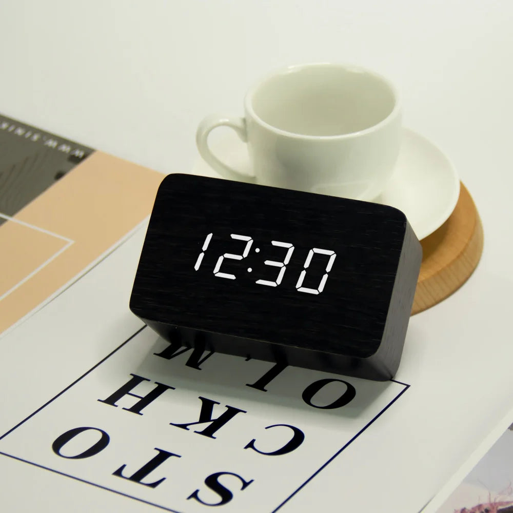EMAF Home Decoration Cube Preciser Function Wooden Table Desk Alarm Clock Kids Wooden Table Temperature LED Digital Alarm Clock