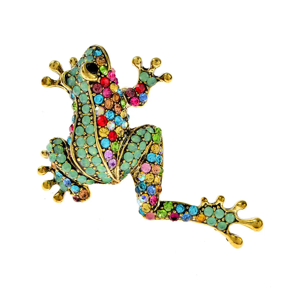 Crystal Rhinestone Frog Vivid Animal Pin Full Glasses Design Alloy Material Green Color Women Dress Coat Accessories