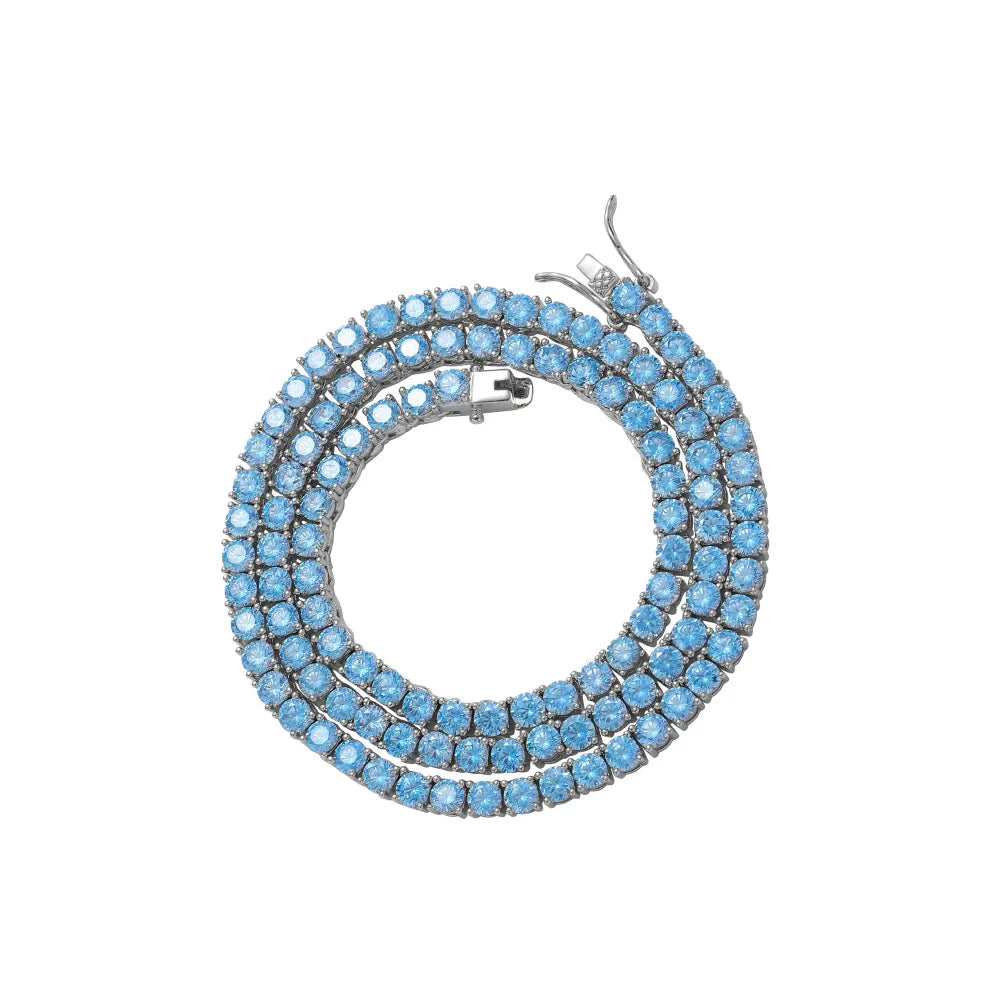 Luxury 4mm Sea Blue Iced Out Tennis Chain for Men Women New Fashion Accessories With Shiny CZ Stone Gold Plated Necklace Jewelry