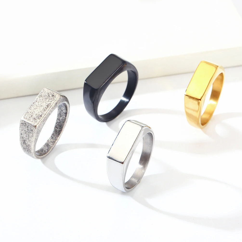 Wholesale Custom Stainless Steel Jewelry Block Bar Ring 18k Gold Plated Minimalist Stainless Steel Blank Flat Bar Signet Ring