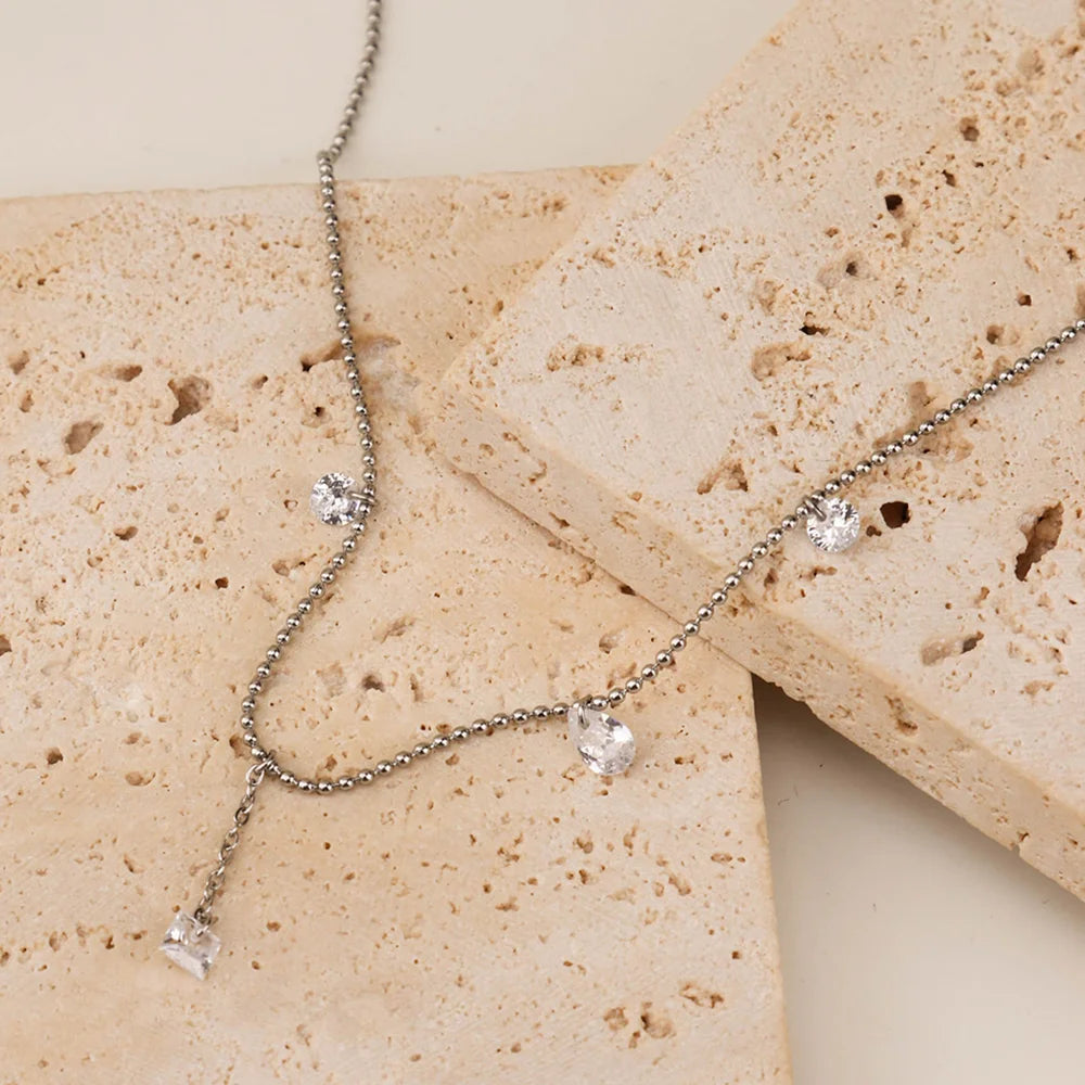 Chris April 316L Stainless Steel Lucky Best Wishes Silver Zircon Pendant Jewelry Choker Collarbone Charm Necklaces