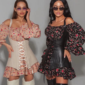 Corset Waistcoat Bandage Tank Dresses Off Shoulder Puff Long Sleeve Short Floral Dress Summer 2 Piece Set Women Fashion Clothing
