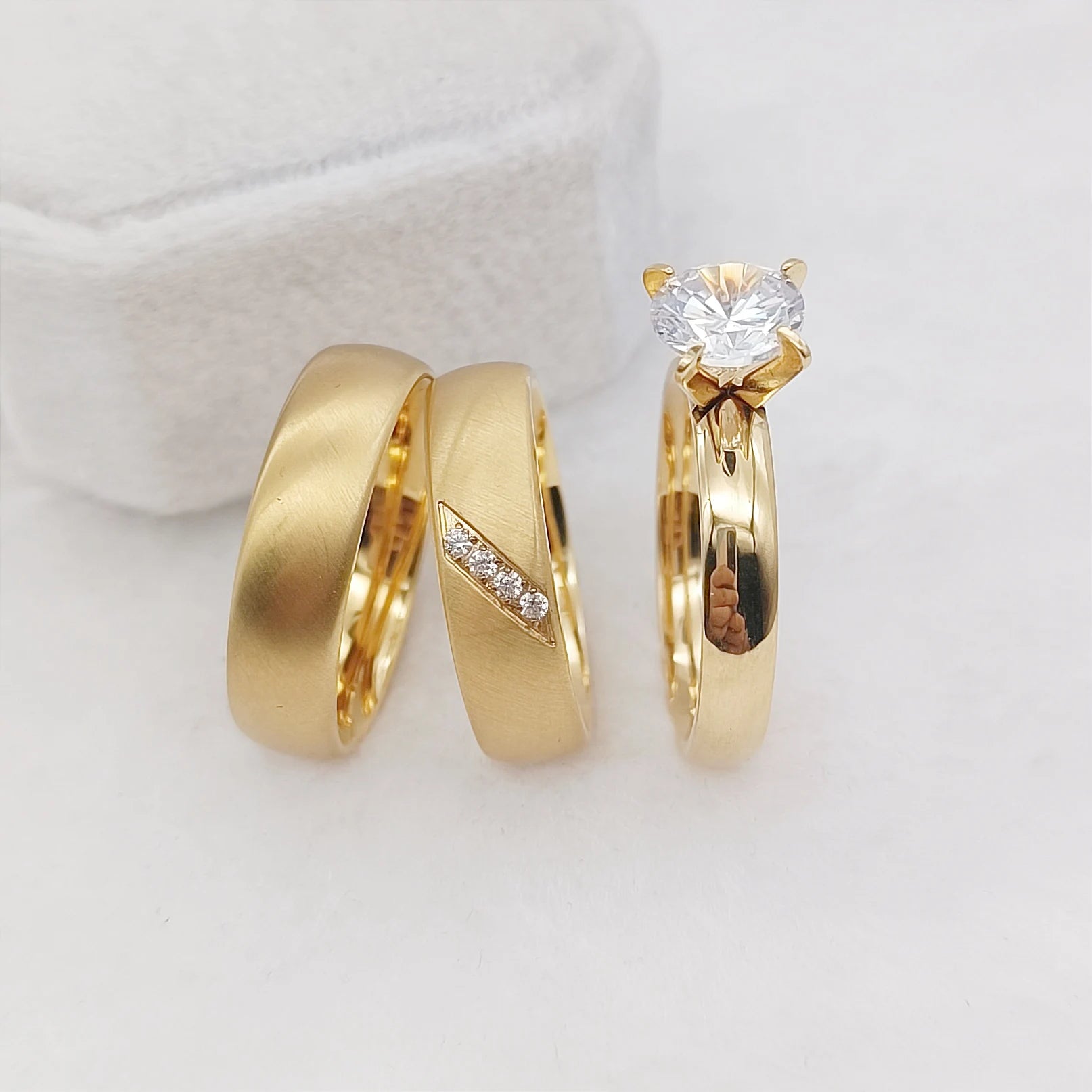 18K Gold Classic Trendy Stainless Steel 3pcs Bridal Sets CZ Diamond Wedding Engagement Rings for Couples Fashionable Jewel Rings