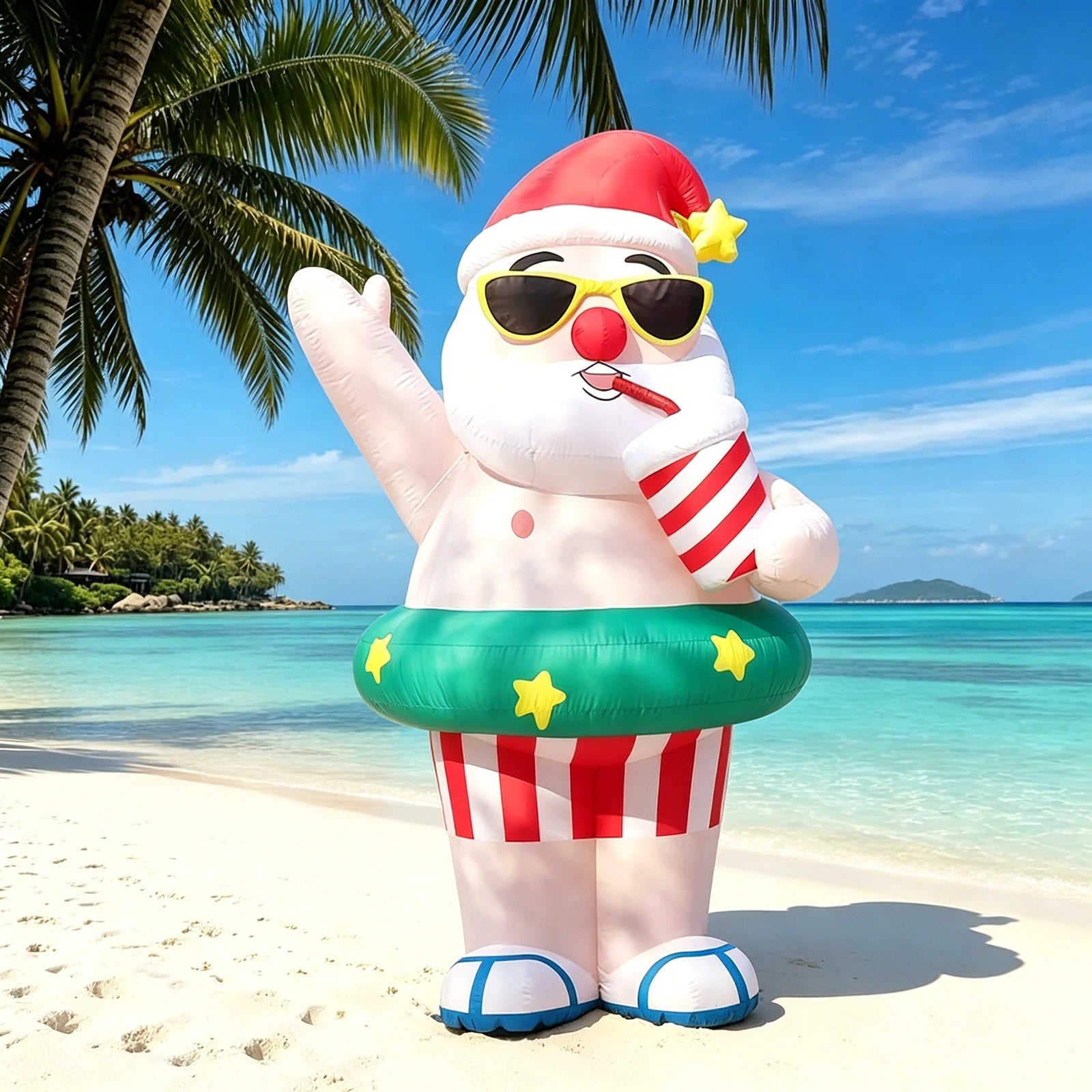Summer Inflatable Santa Claus with Swimming Ring and Sunglasses Waterproof Santa Claus Decor Drinking Juice Relaxing on Beach