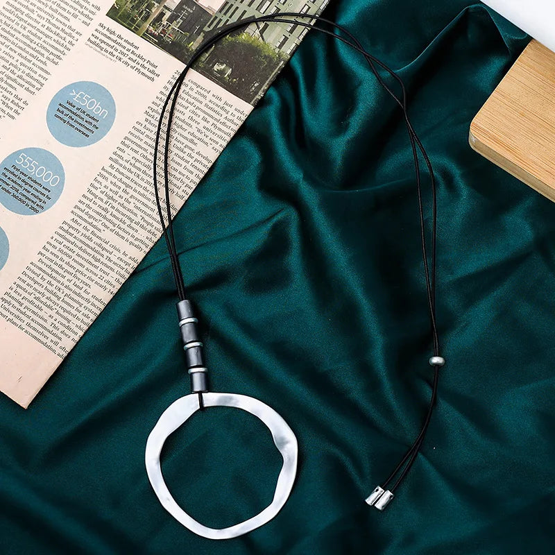 TongLing Necklace Fashion Large Hollow Metal Silver Beaded Round Pendant Necklace Bohemian Leather Rope Geometric Necklace