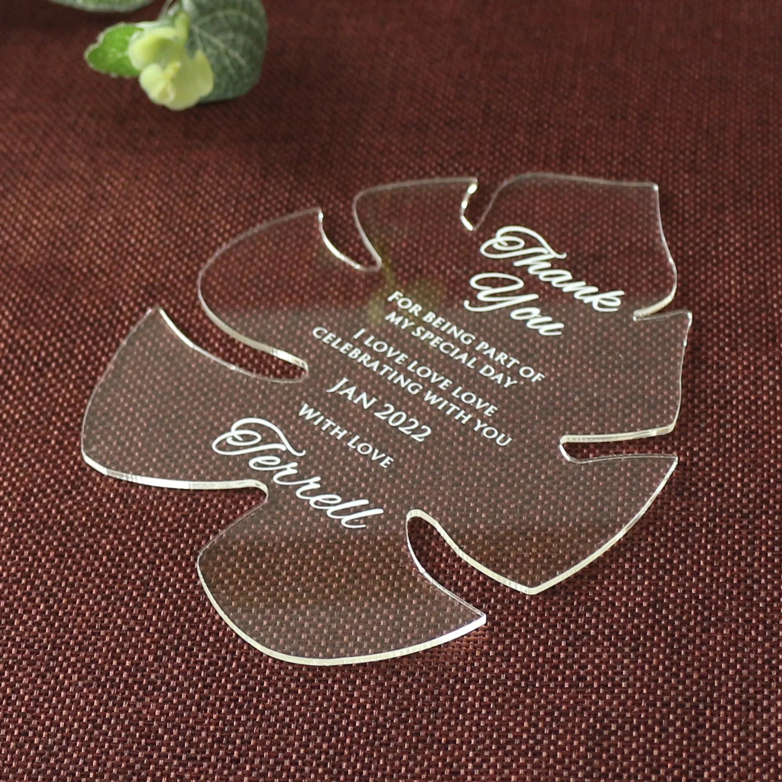 Free Sample Design Die Cutting Transparent Acrylic Wedding Invitation Leaf Shape Thank You Cards