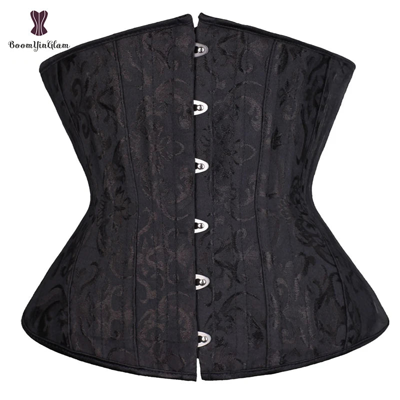 Satin and Jacquard Material Row Hooks Women Waist Trainers Bustier Black Corselet Underbust 26 Steel Boned Corset
