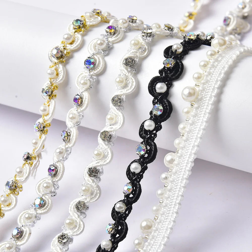 1 cm Width Black White Rhinestone Fabric Ribbon Pearl Embroidered Beaded Lace Trim Sewing DIY Collar Costume Hat Decoration