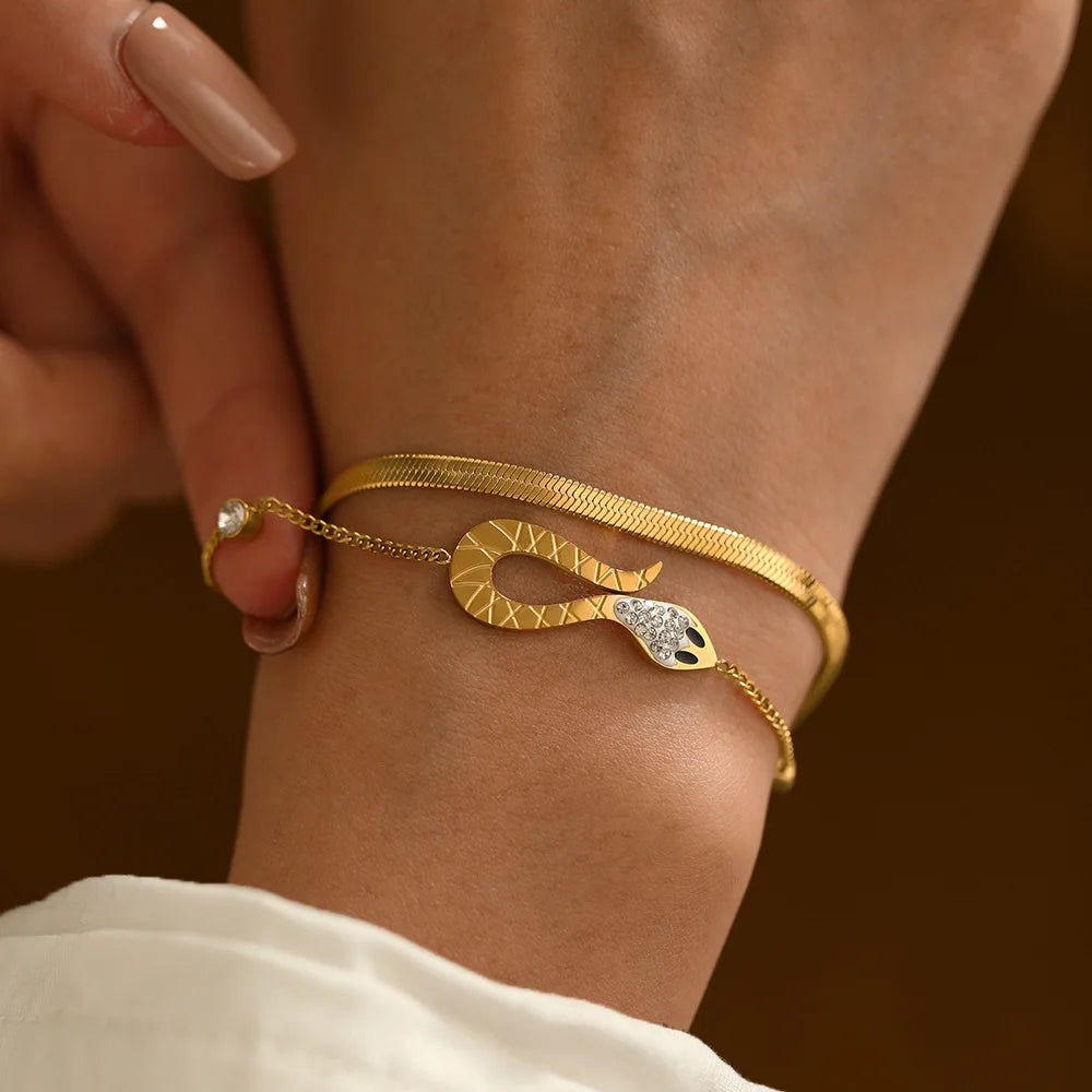 18K Gold Plated Stainless Steel Jewelry Double Layer Beaded Flat Snake Chain Cubic Zirconia Snake Shaped Bracelet YF3198