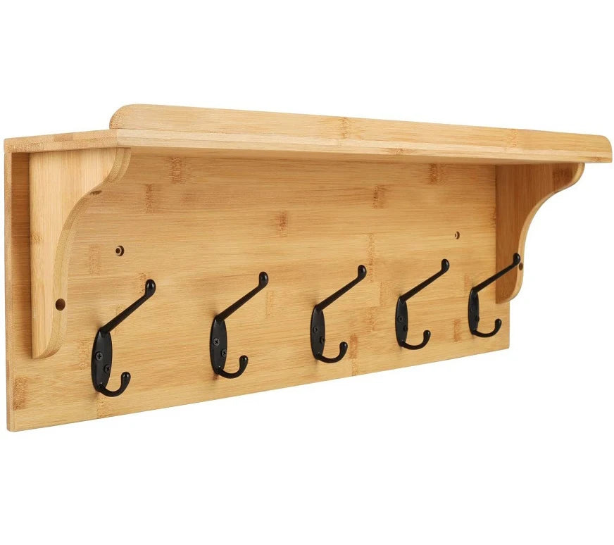 Made in China Solid Bamboo Coat Rack Towel Wall Mounted Hanger Hook with Shelves