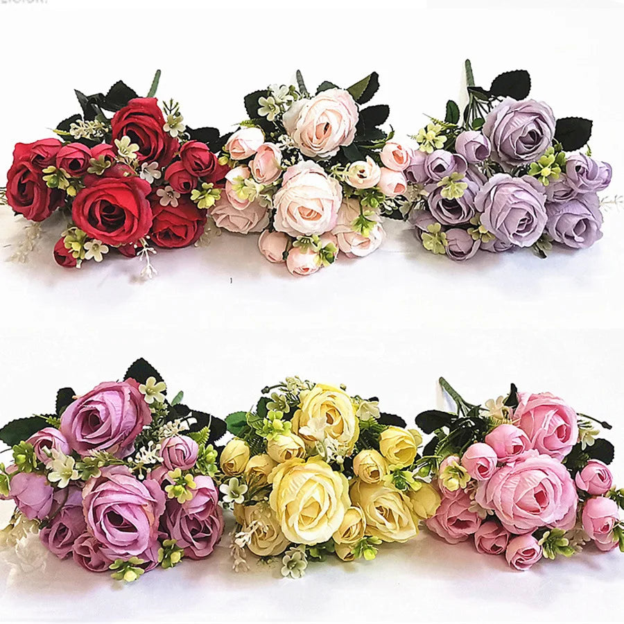 Beautiful 7 Fork Autumn Color Artificial Rose Bud Small Roses for Home Cake Wedding Decoration Bouquet Mother's Day Christmas