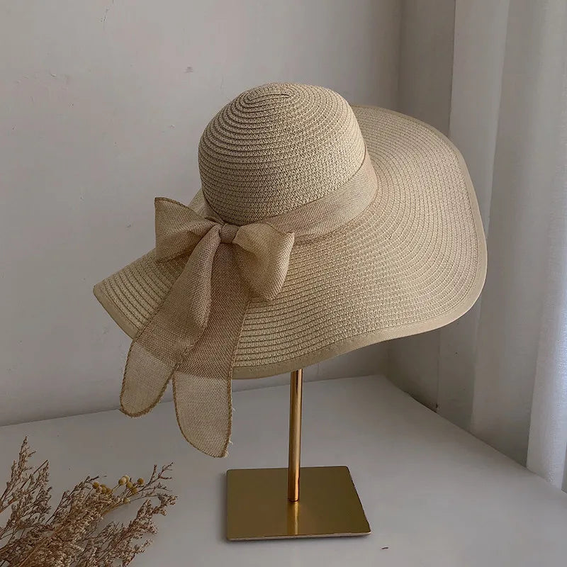 Outdoor Handmade Foldable Wide Brim Straw Sun Beach Hat Summer Beach Big Floppy Straw Hats With Bow