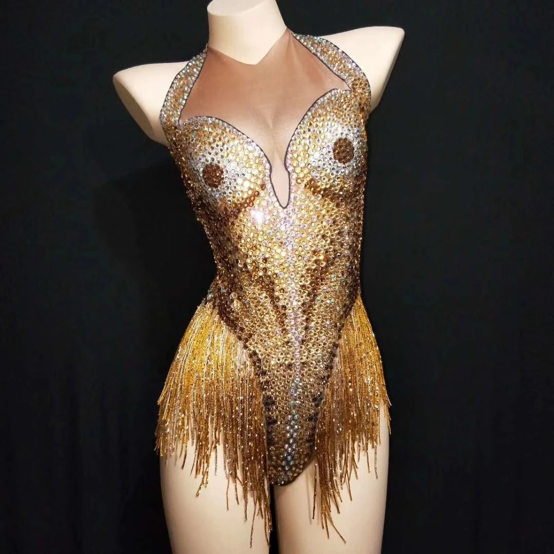 Wholesale Shiny Sleeveless Rhinestone Tassel Stage Performance Show Pole Dance Wear Club Jumpsuit Women Party One Piece Bodysuit