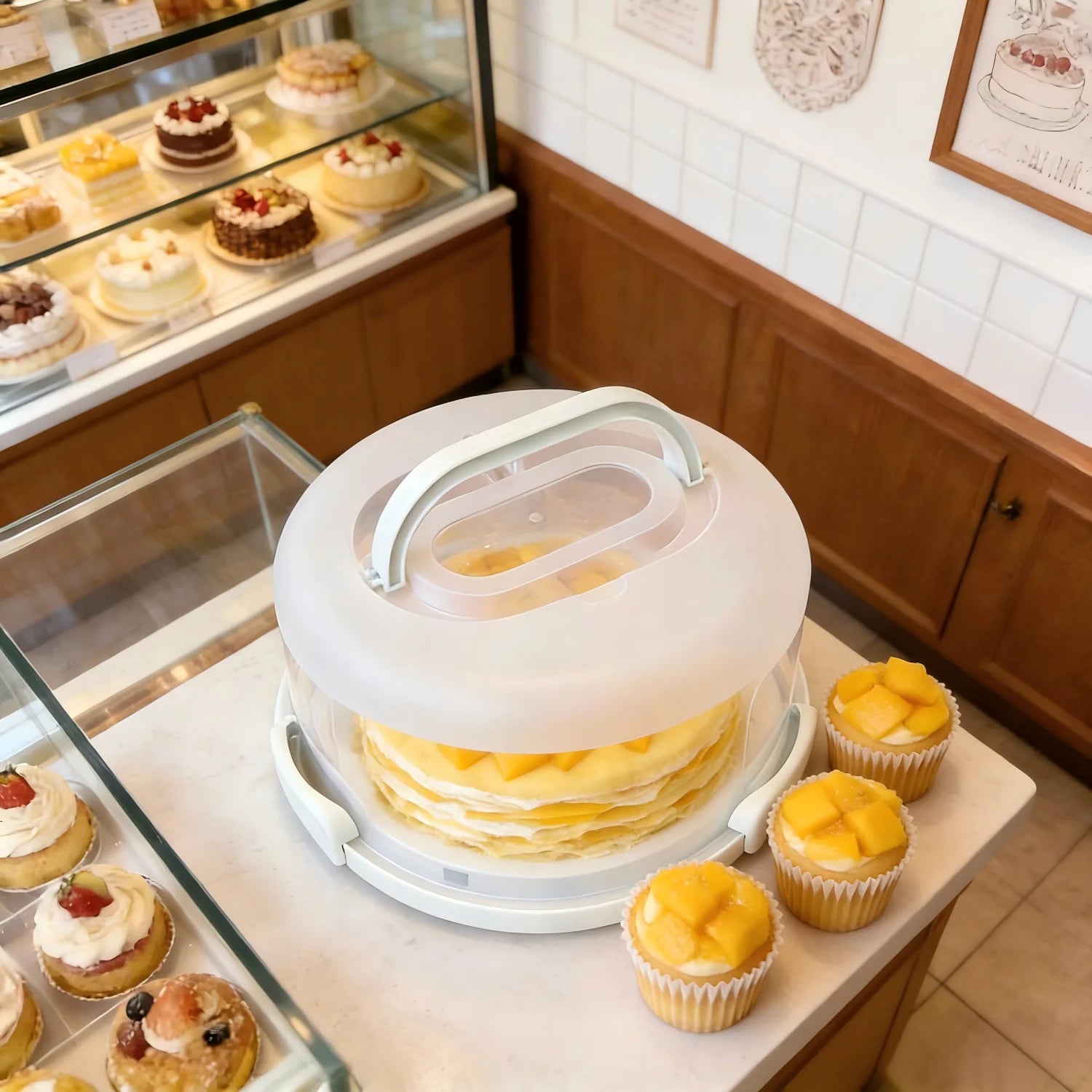 Plastic Cake Stand Handle Lid Cupcake Insert Keeper Cover Eco-Friendly Baking Convenient Transport Storage Cakes-Cake Tools