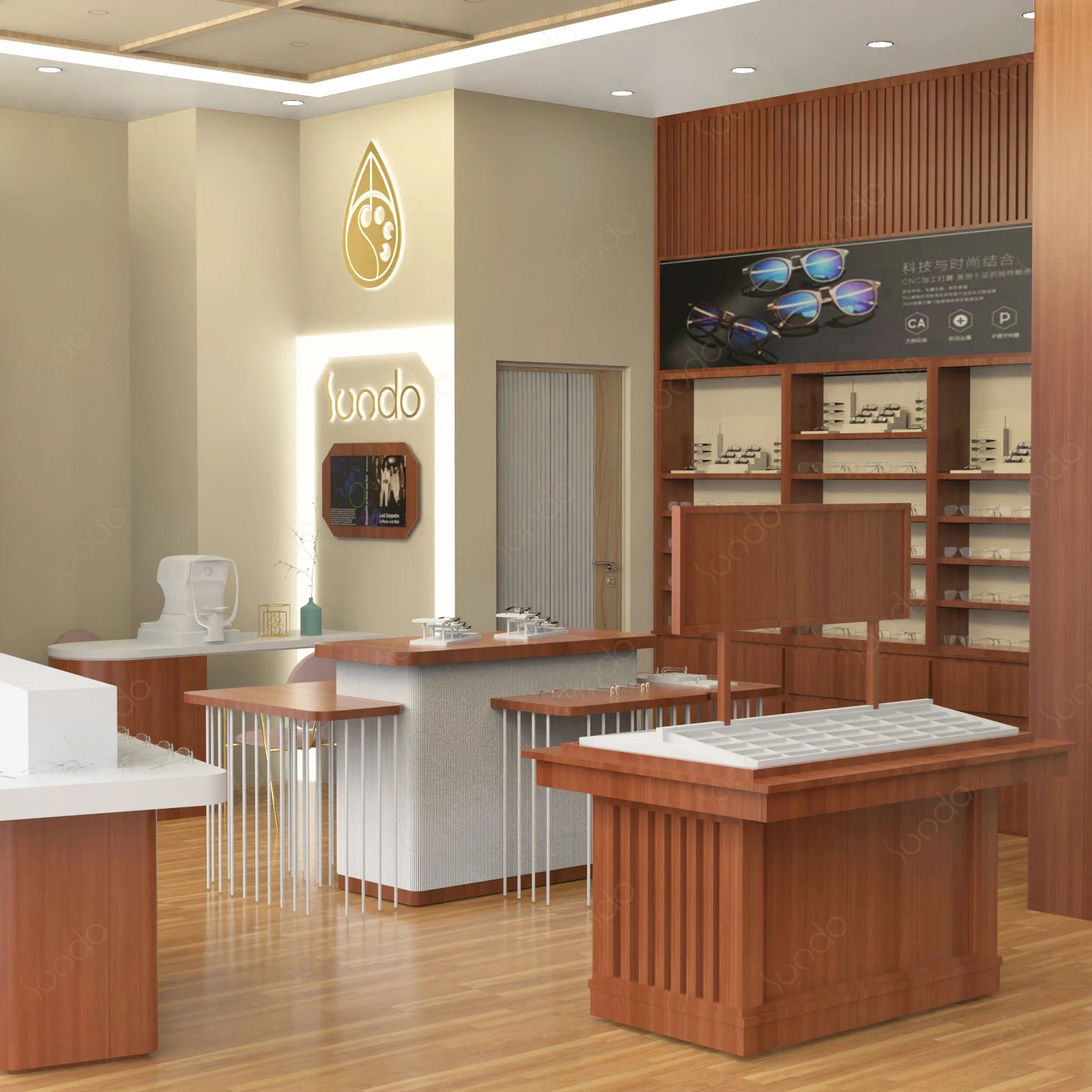High-end Custom Optical Store Design Wood Stainless Steel Sunglasses Display Stand Display Cabinet for Optical Store Displays