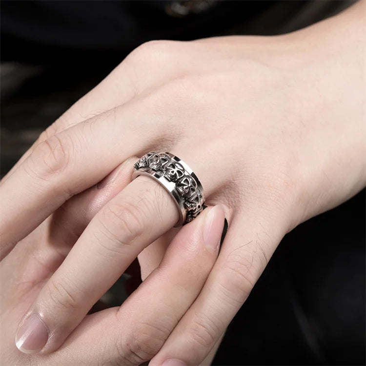 Punk Style Stainless Steel Gothic Skull Ring Skeleton Heads Rotatable Spinner Ring Vintage Jewelry