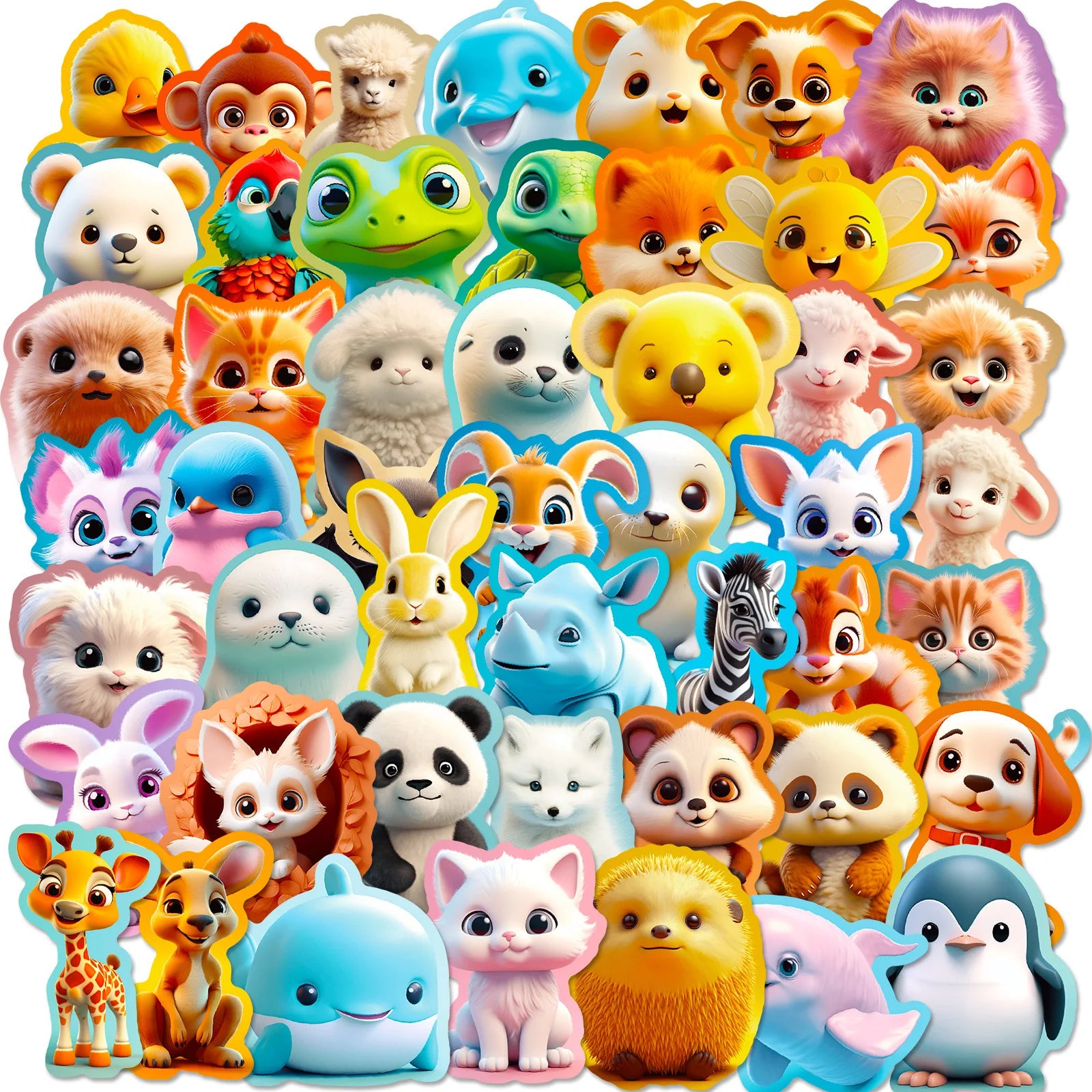 50PCS Fashional Bright Color Not Repeated Pretty Cute Cartoon 3D Animals Sticker