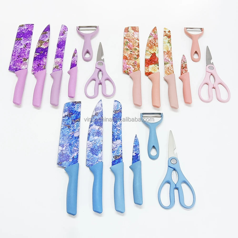 6pcs Set Non-stick Coating Colorful Pattern Sharp Stainless Steel Chef Knife Set With Gift Box